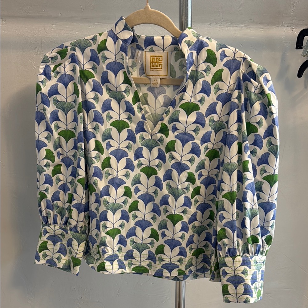 Emily McCarthy Blue and Green Patterned Blouse